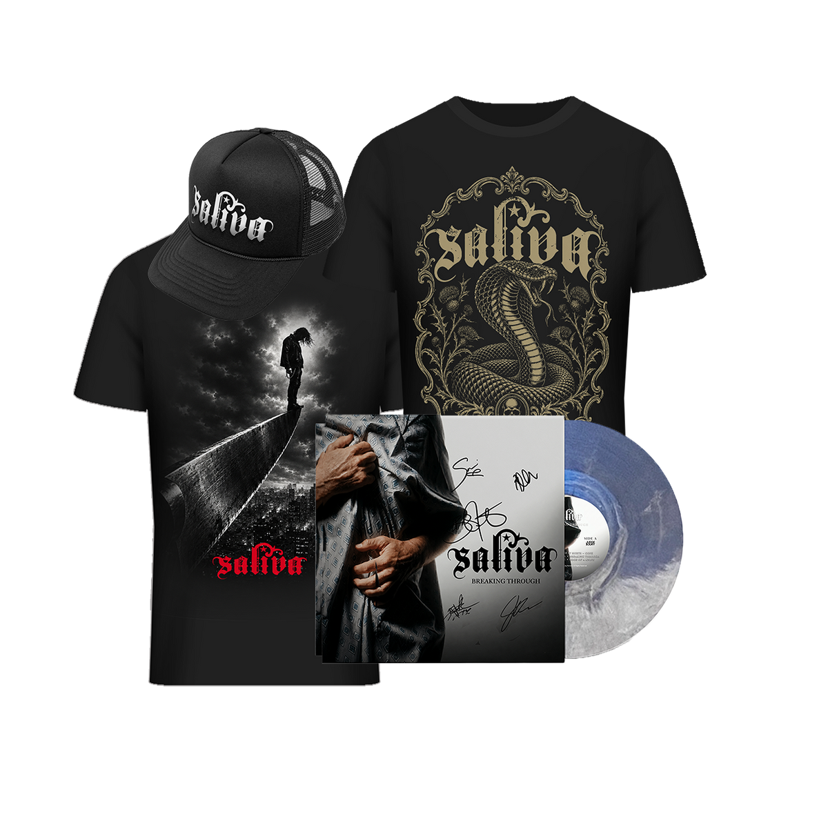 Saliva Black Friday Breaking Through Blowout Bundle with signed Blizzard vinyl, two T-shirts, and black logo snapback