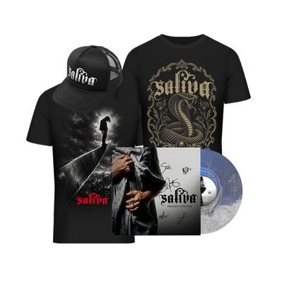 Saliva Black Friday Breaking Through Blowout Bundle with signed Blizzard vinyl, two T-shirts, and black logo snapback