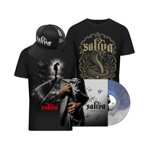 Saliva Black Friday Breaking Through Blowout Bundle with signed Blizzard vinyl, two T-shirts, and black logo snapback